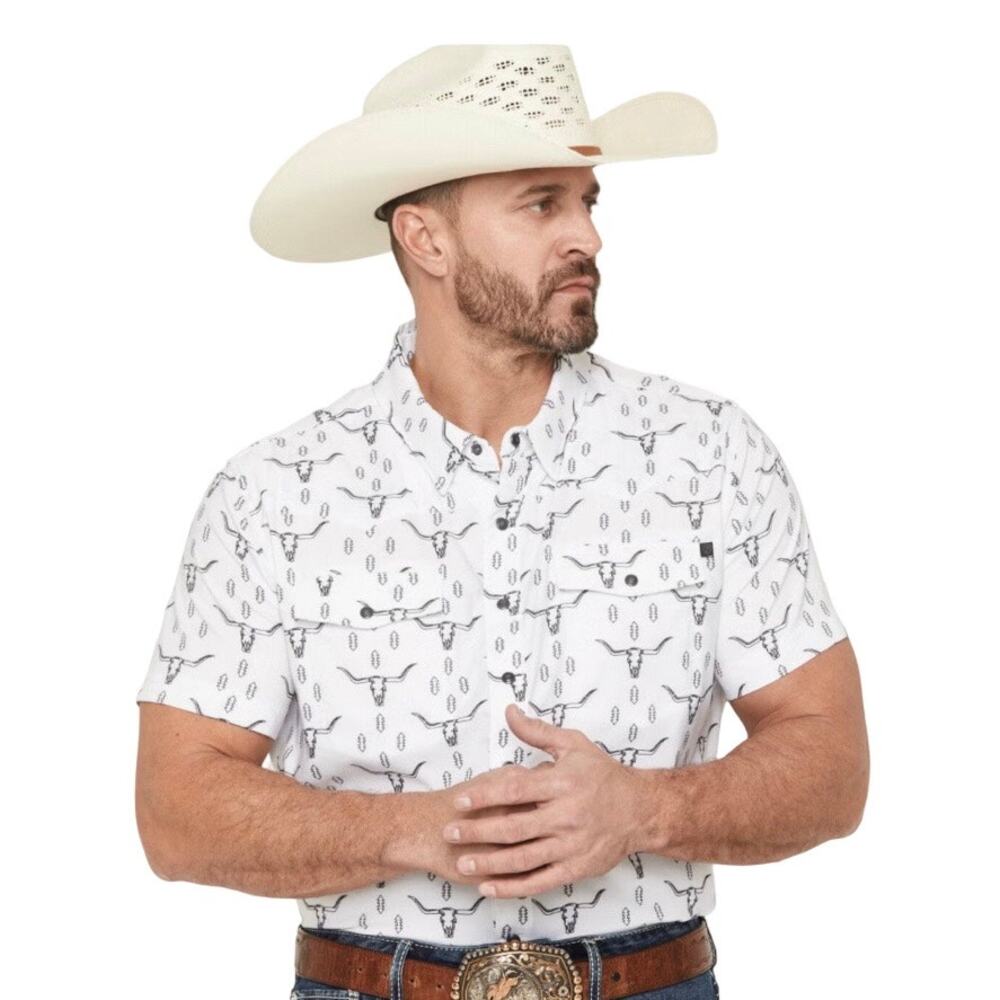 Rock & Roll Cowboy White Longhorn Skull Print Pearl Snap Shirt Short Sleeve Sz L